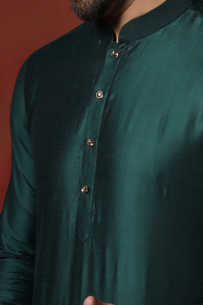 Very Dark Green Solid Dupion Kurta Set