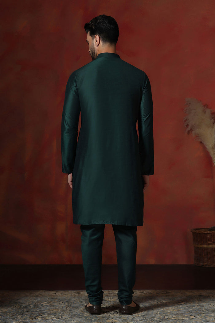 Very Dark Green Solid Dupion Kurta Set