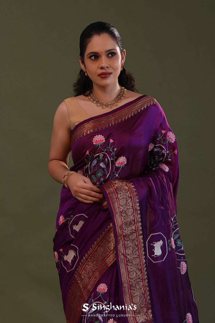 <img> Very Dark Violet Soft Chanderi Silk Saree With Embroidery Work