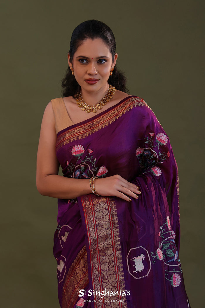 <img> Very Dark Violet Soft Chanderi Silk Saree With Embroidery Work