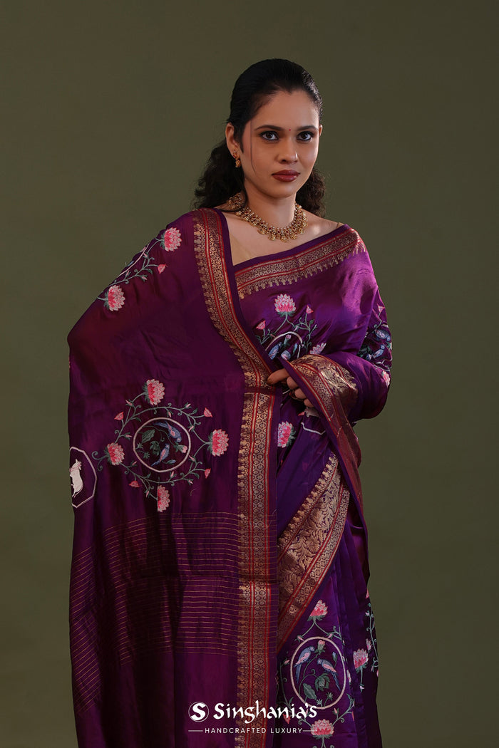 <img> Very Dark Violet Soft Chanderi Silk Saree With Embroidery Work
