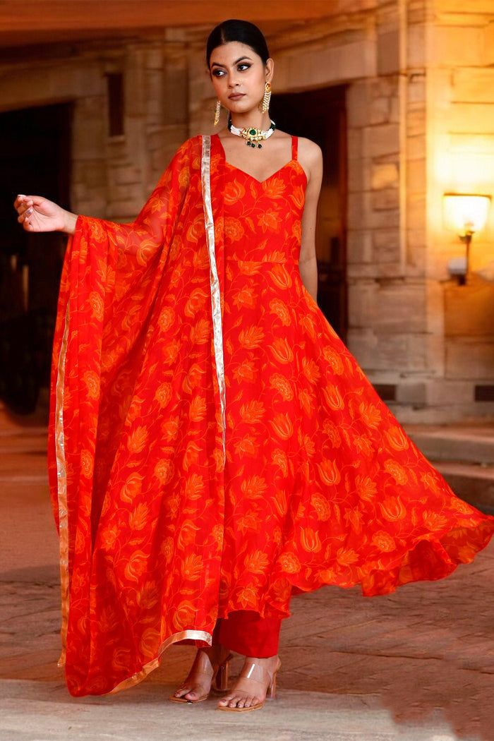 Vibrant Orange Chiffon Anarkali Set