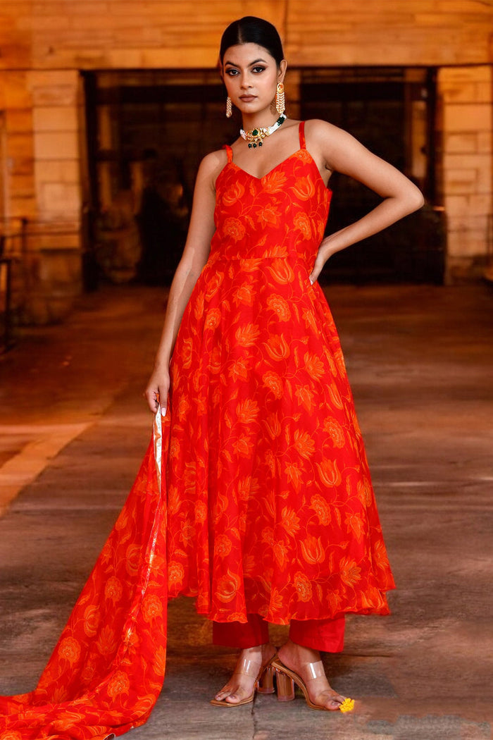 Vibrant Orange Chiffon Anarkali Set