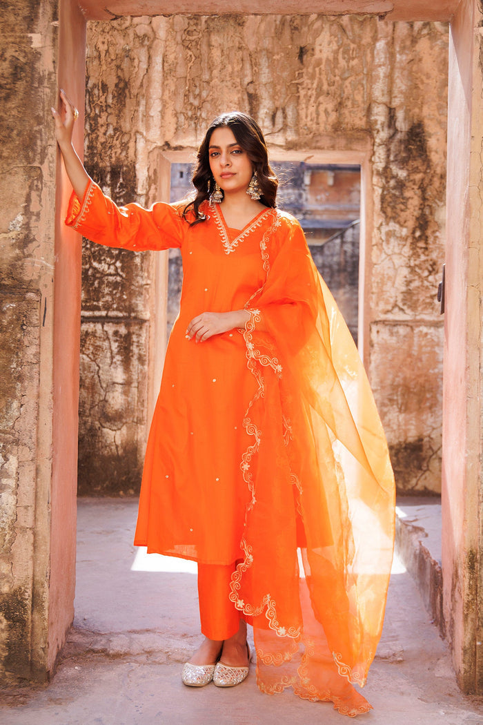 Vibrant Orange Cotton Kurta Set With Organza Dupatta