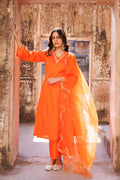 Vibrant Orange Cotton Kurta Set With Organza Dupatta
