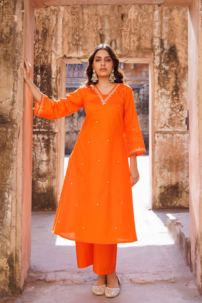 Vibrant Orange Cotton Kurta Set With Organza Dupatta