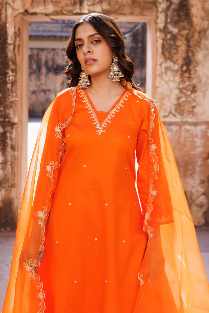 Vibrant Orange Cotton Kurta Set With Organza Dupatta