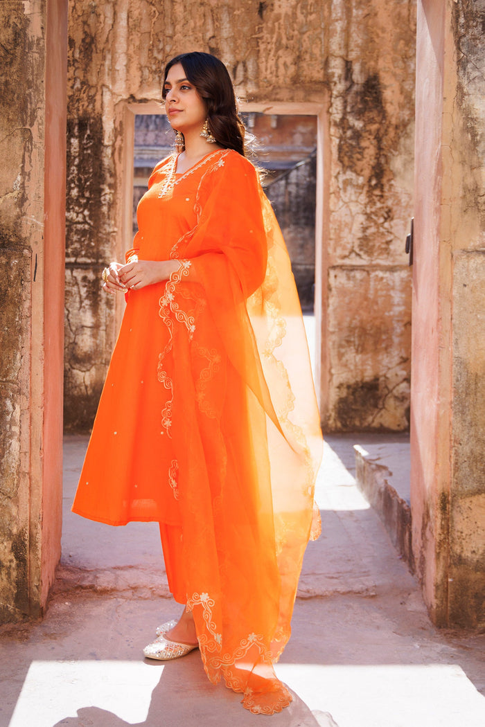 Vibrant Orange Cotton Kurta Set With Organza Dupatta