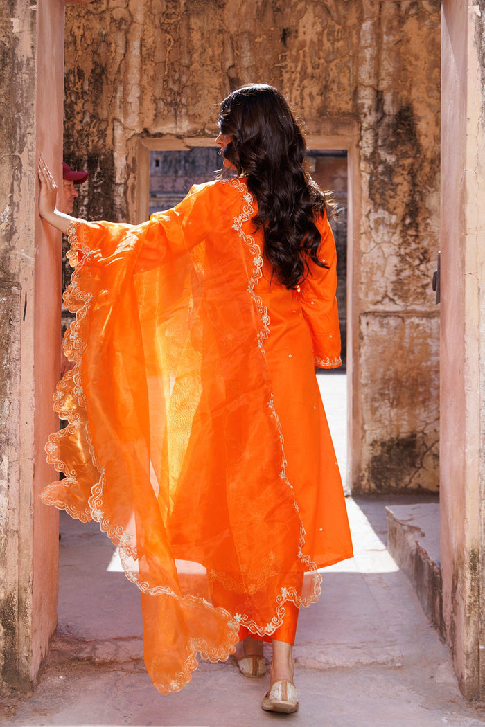 Vibrant Orange Cotton Kurta Set With Organza Dupatta