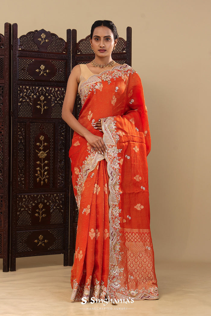 Vibrant Orange Tissue Saree With Scallop Border