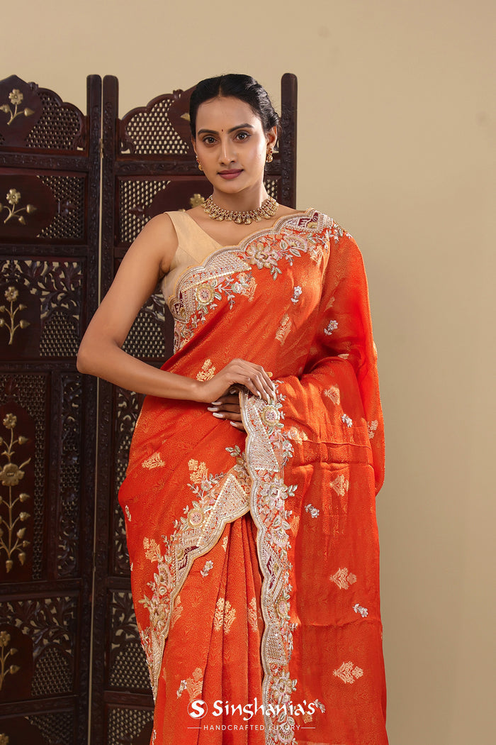 Vibrant Orange Tissue Saree With Scallop Border