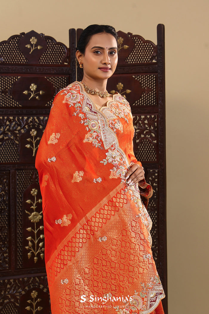Vibrant Orange Tissue Saree With Scallop Border