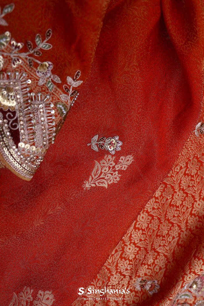 Vibrant Orange Tissue Saree With Scallop Border