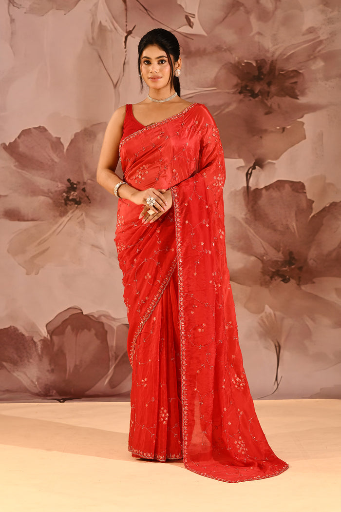 Vibrant Red With Sequin Floral Vine Border Satin Silk Saree