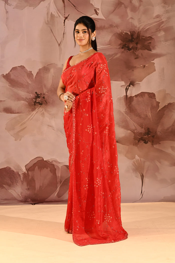 Vibrant Red With Sequin Floral Vine Border Satin Silk Saree