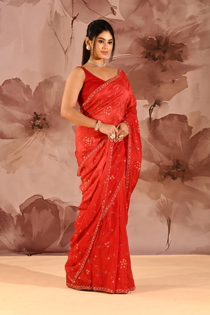 Vibrant Red With Sequin Floral Vine Border Satin Silk Saree