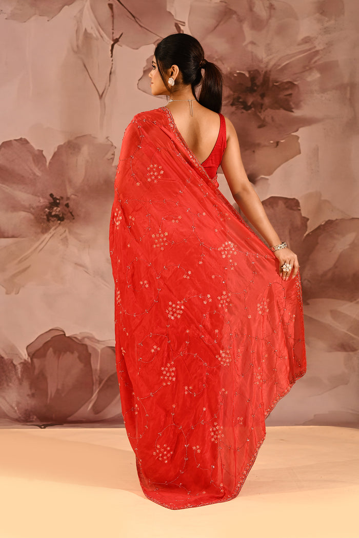 Vibrant Red With Sequin Floral Vine Border Satin Silk Saree