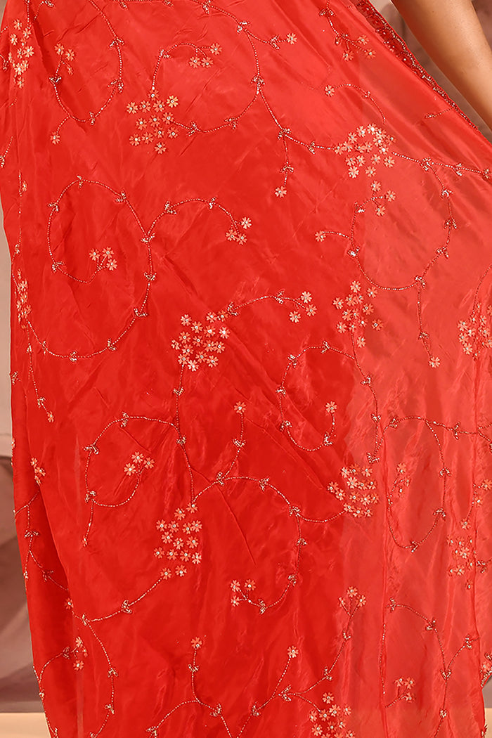 Vibrant Red With Sequin Floral Vine Border Satin Silk Saree