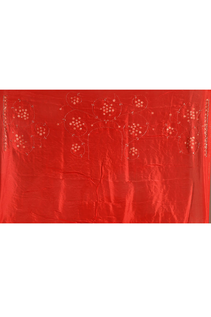 Vibrant Red With Sequin Floral Vine Border Satin Silk Saree