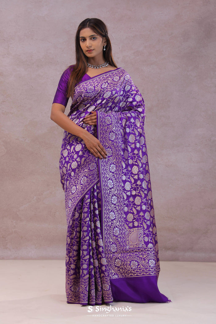 <img> Violet Banarasi Silk Saree With Floral Design