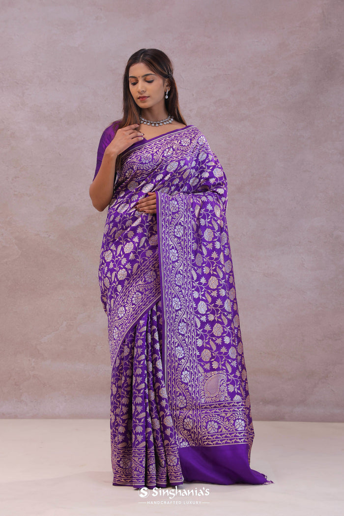 <img> Violet Banarasi Silk Saree With Floral Design