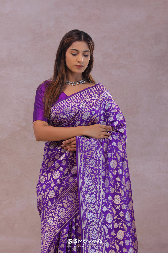 <img> Violet Banarasi Silk Saree With Floral Design