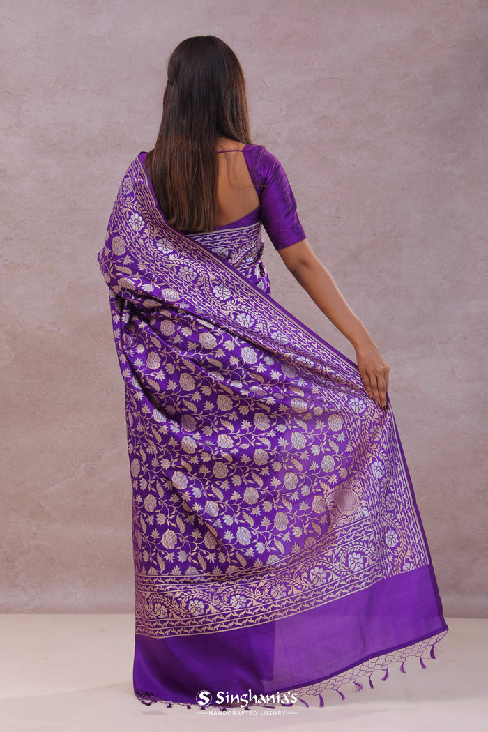 <img> Violet Banarasi Silk Saree With Floral Design