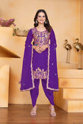 Violet Floral Embroidered Silk Kurta Set