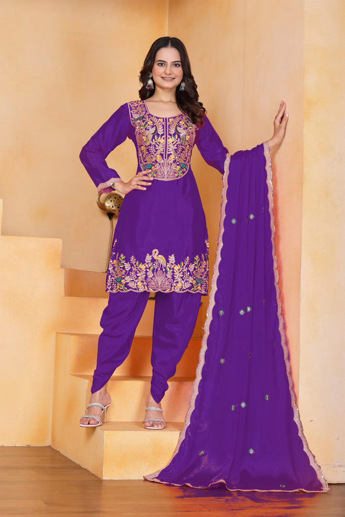 Violet Floral Embroidered Silk Kurta Set