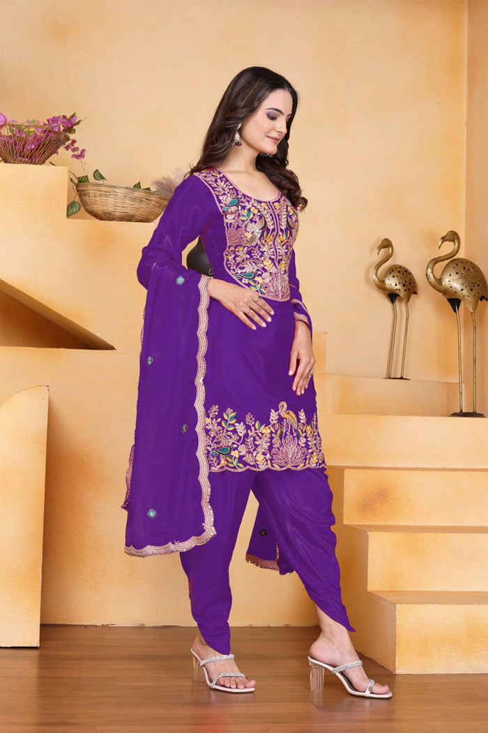 Violet Floral Embroidered Silk Kurta Set