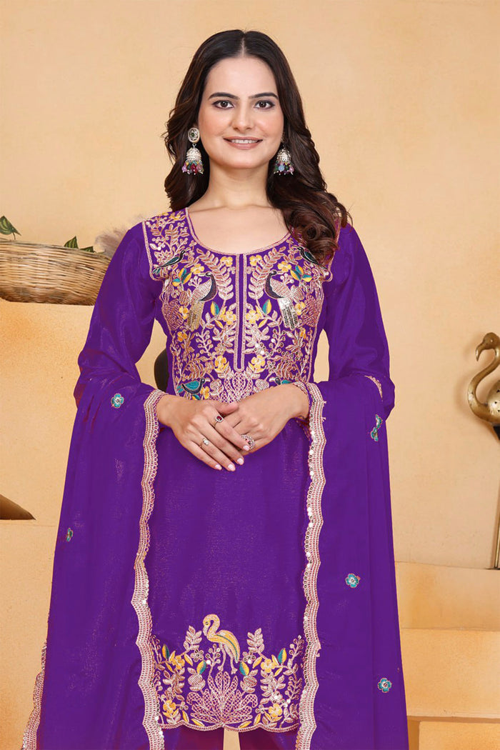Violet Floral Embroidered Silk Kurta Set