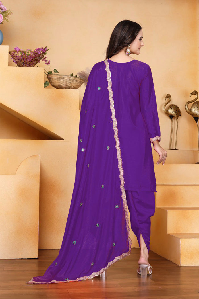 Violet Floral Embroidered Silk Kurta Set