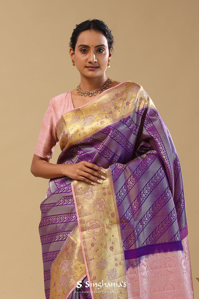 Violet Kanjivaram Silk Saree With Meenakari Border