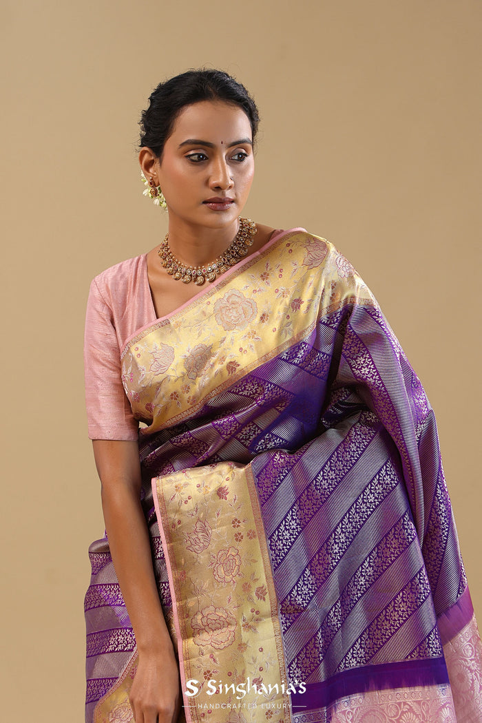 Violet Kanjivaram Silk Saree With Meenakari Border