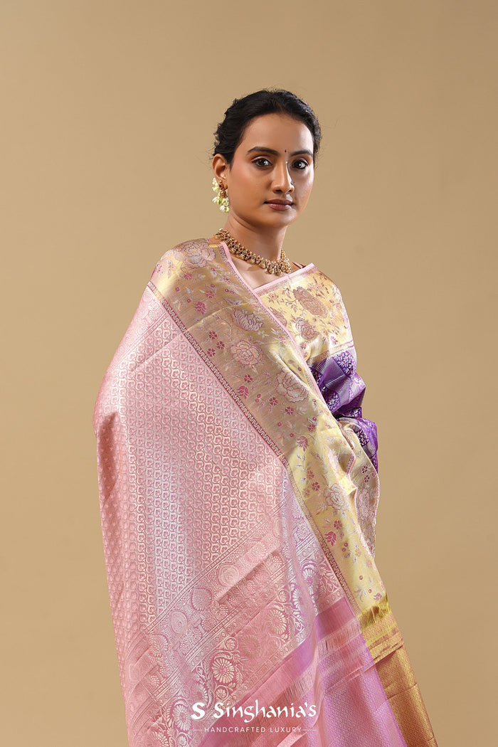 Violet Kanjivaram Silk Saree With Meenakari Border