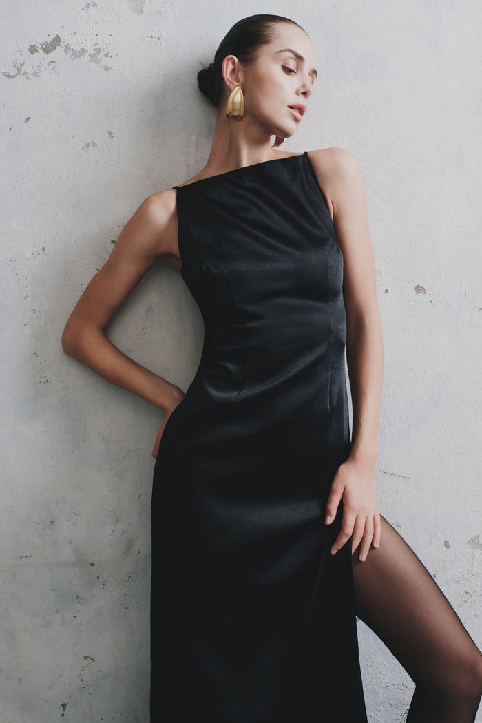 Violet Sleeveless Satin Maxi Dress - Black