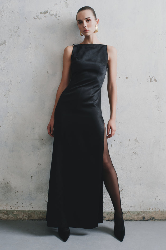Violet Sleeveless Satin Maxi Dress - Black