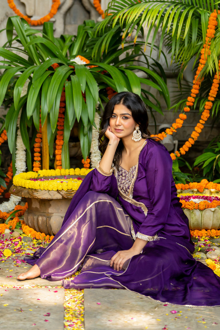 Violet Uppada Silk Solid Kurti Set