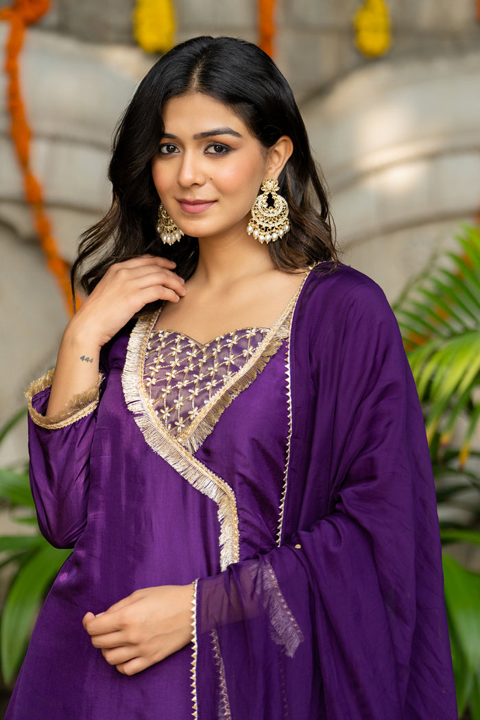Violet Uppada Silk Solid Kurti Set