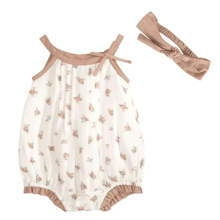 Viverano - Organic Bubble Romper & Headband Set - Tea Rose-Footies + Rompers (Fashion)-0-3M-Posh Baby