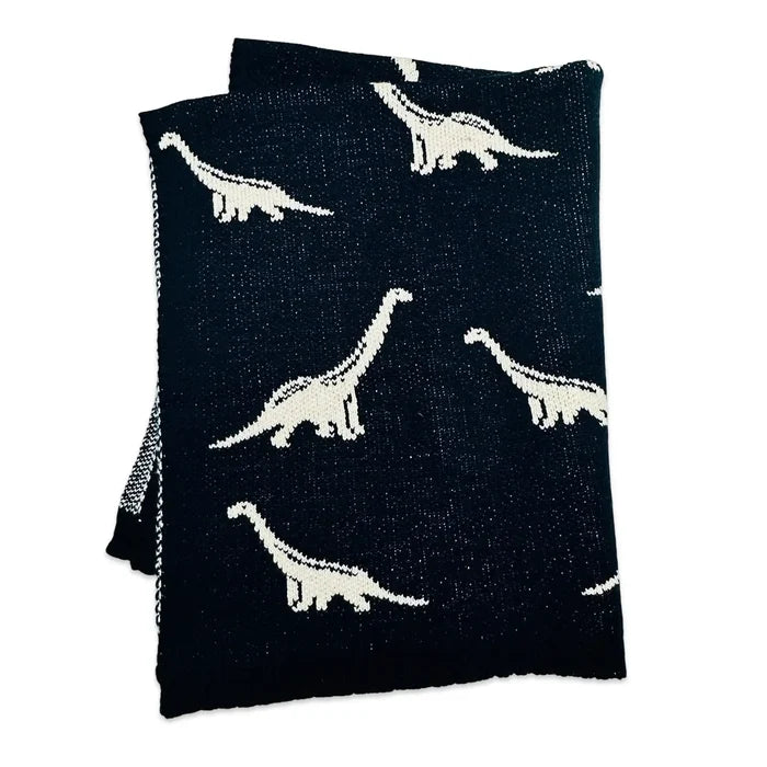 Viverano - Organic Cotton Jacquard Knit Blanket - Navy Dinosaur-Quilts + Snuggle Blankets-Posh Baby