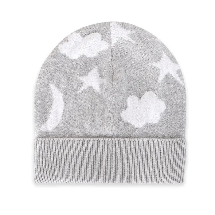 A light gray knit beanie hat with a white cloud and star pattern, featuring a ribbed cuff, shown against a plain white background.