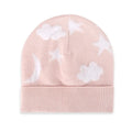 A light pink knit beanie hat with a ribbed cuff, decorated with white embroidered stars, crescent moon, and clouds, shown on a plain white background.