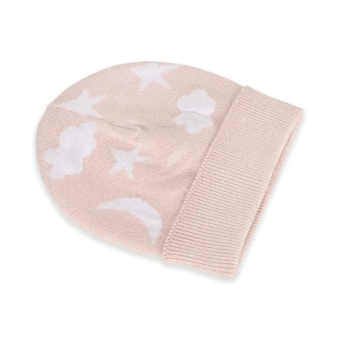 A light pink knit baby beanie hat with white embroidered stars, crescent moon, and cloud patterns, shown on a clean white background.