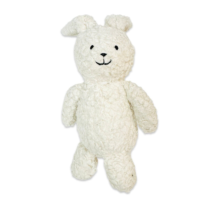 A small white curly-textured plush toy with black embroidered facial features, shown against a plain white background.