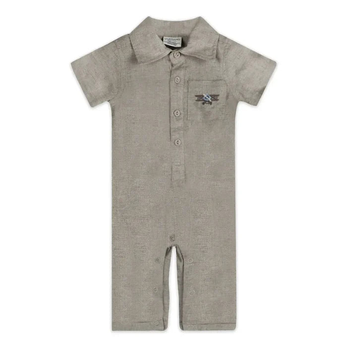 Viverano - Organic Linen Polo Romper - Natural-Footies + Rompers (Fashion)-0-3M-Posh Baby