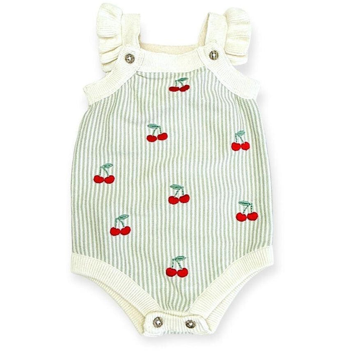 Viverano - Organic Ruffle Sleeve Romper - Cherry Stripe-Footies + Rompers (Fashion)-0-3M-Posh Baby