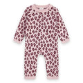 A baby long-sleeve knit jumpsuit in light pink with a dark burgundy leopard print pattern, shown flat on a white background.