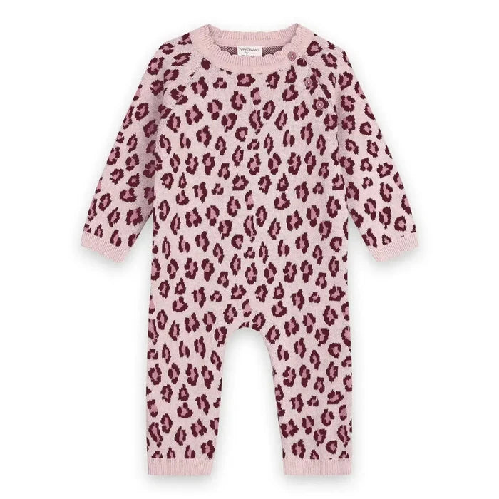 A baby long-sleeve knit jumpsuit in light pink with a dark burgundy leopard print pattern, shown flat on a white background.
