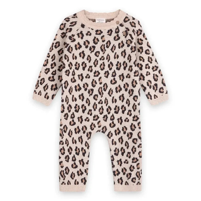 A baby knit one-piece jumpsuit in a beige base with a brown and black leopard print pattern, featuring long sleeves and a ribbed crew neck, cuffs, and leg openings.